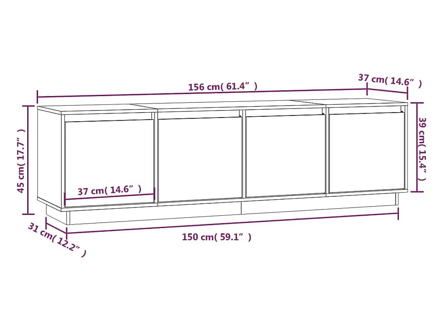 Mueble de TV madera maciza de pino blanco 156x37x45 cm
