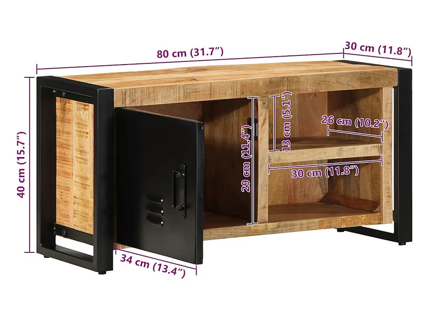 Mueble de TV madera maciza de mango rugosa 80x30x40 cm