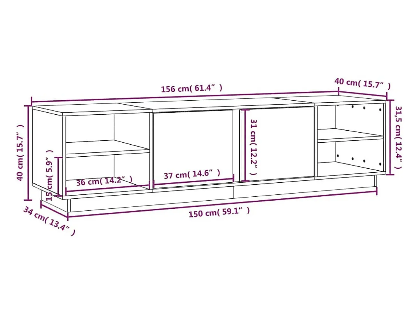 Mueble de TV madera maciza de pino negro 156x40x40 cm