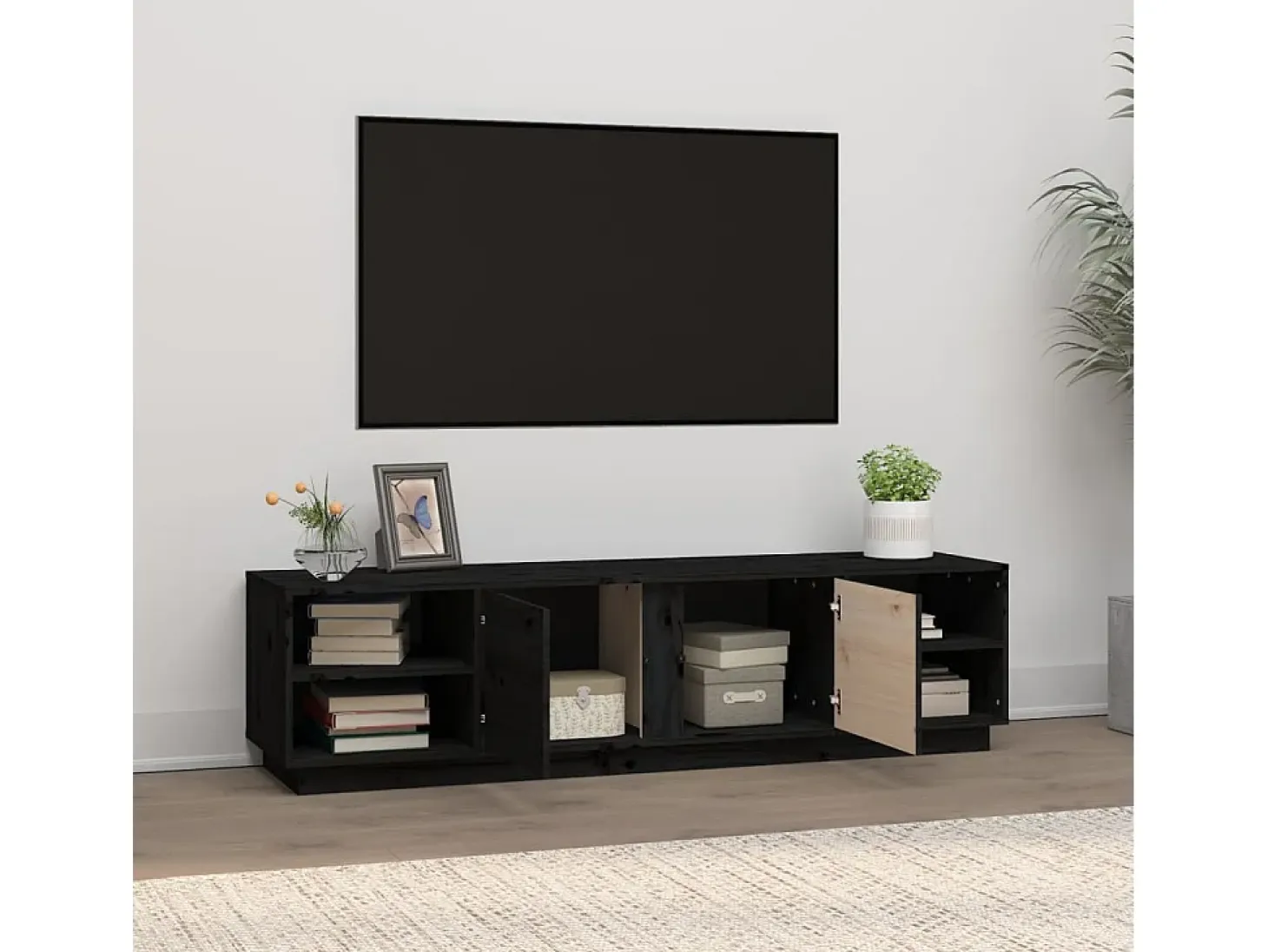 Mueble de TV madera maciza de pino negro 156x40x40 cm