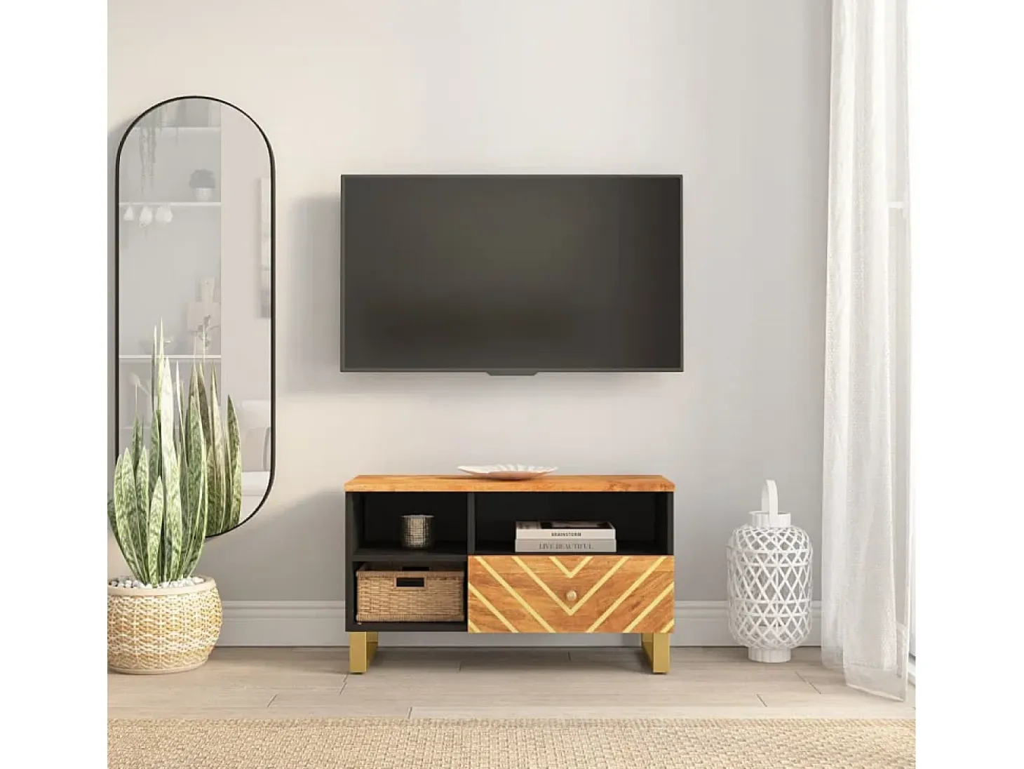 Mueble de TV madera maciza de mango marrón negro 80x33,5x46 cm