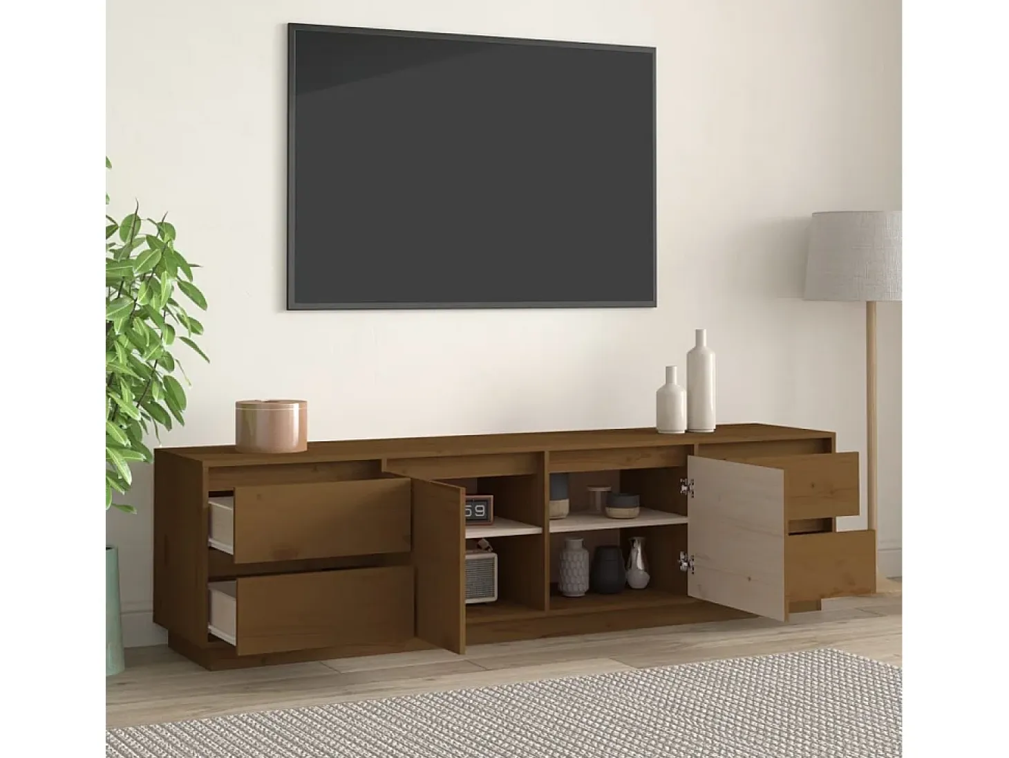 Mueble de TV madera maciza de pino marrón miel 176x37x47,5 cm