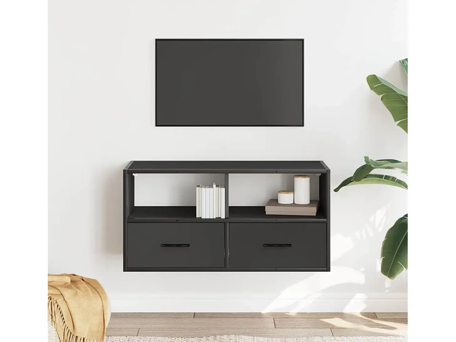 Mueble de TV metal y madera de ingeniería negro 80x31x39,5 cm