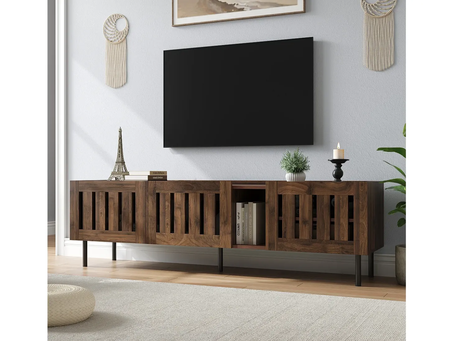 Mueble de TV minimalista de perfil bajo - 160 x 40 x 47 cm - con diseño calado + 3 puertas - para televisores de 65 pulgadas - MDF - marrón