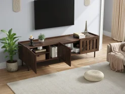 Mueble de TV minimalista de perfil bajo - 160 x 40 x 47 cm - con diseño calado + 3 puertas - para televisores de 65 pulgadas - MDF - marrón