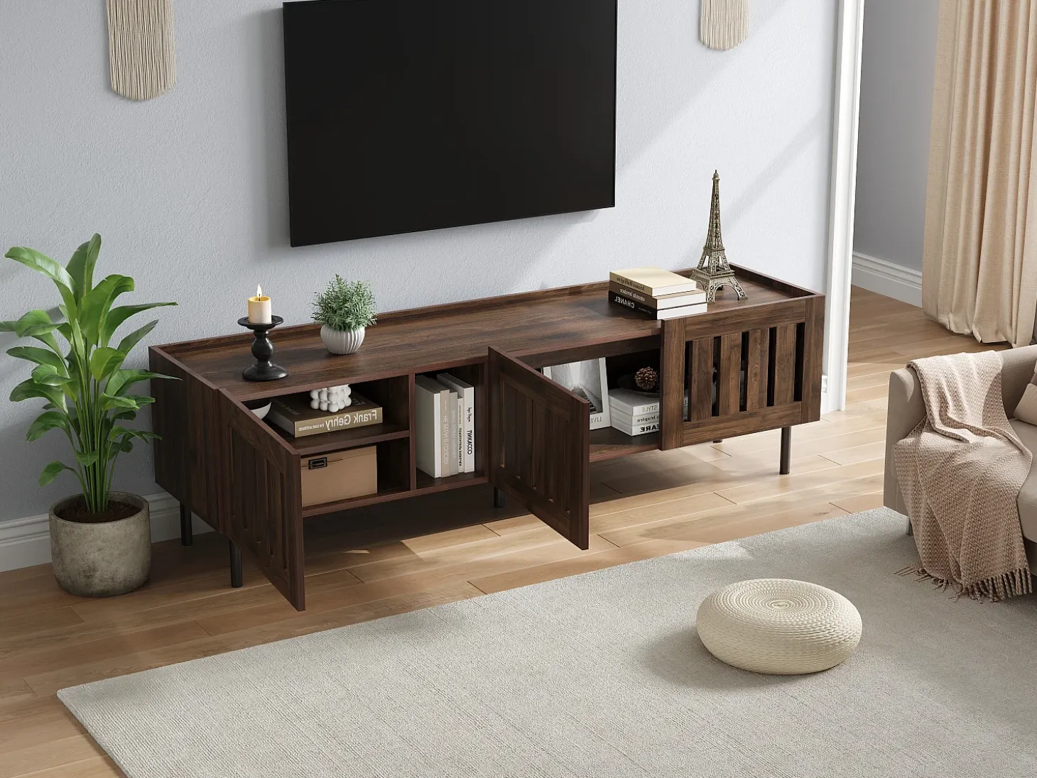 Mueble de TV minimalista de perfil bajo - 160 x 40 x 47 cm - con diseño calado + 3 puertas - para televisores de 65 pulgadas - MDF - marrón