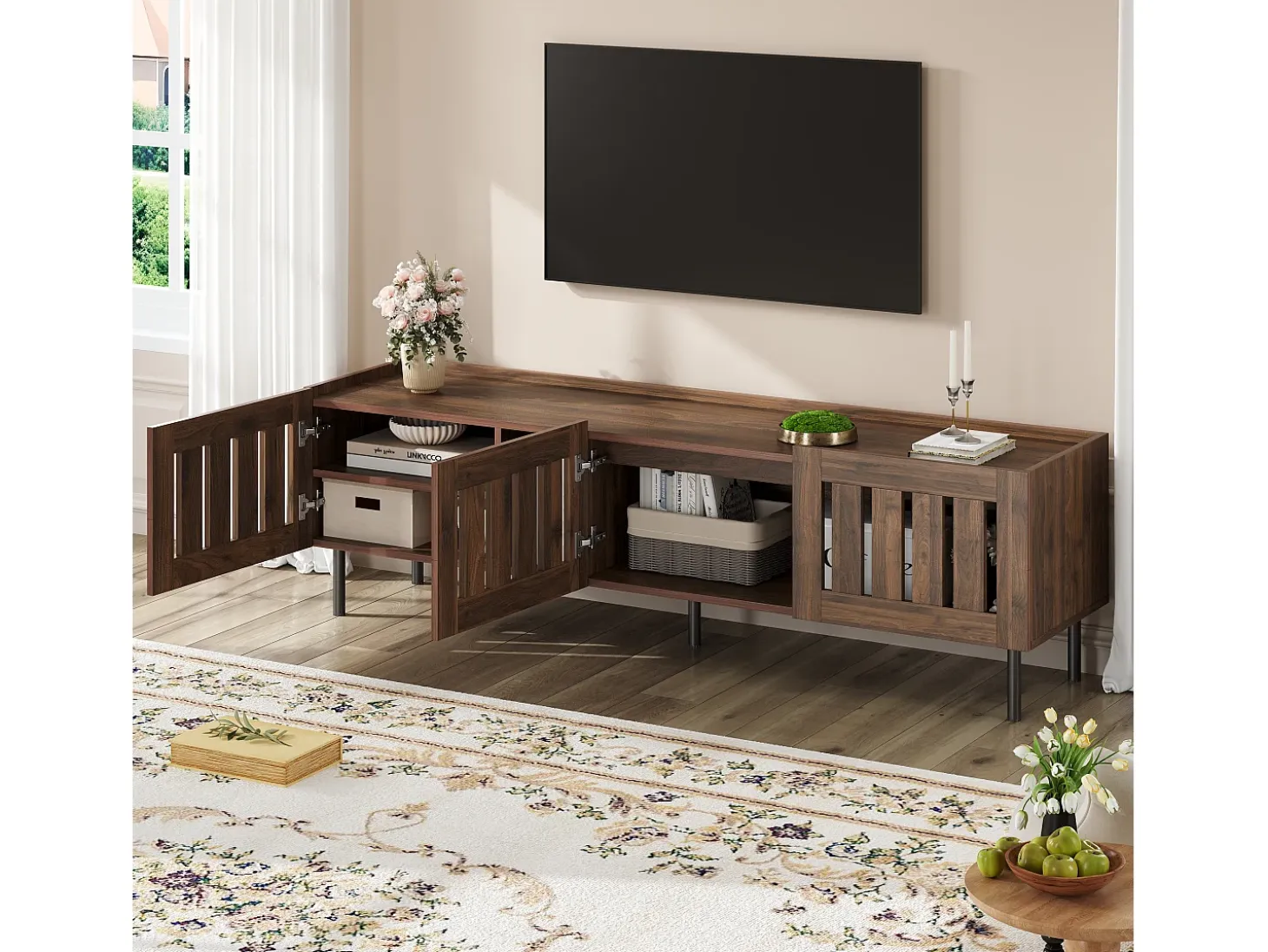 Mueble de TV minimalista de perfil bajo - 160 x 40 x 47 cm - con diseño calado + 3 puertas - para televisores de 65 pulgadas - MDF - marrón