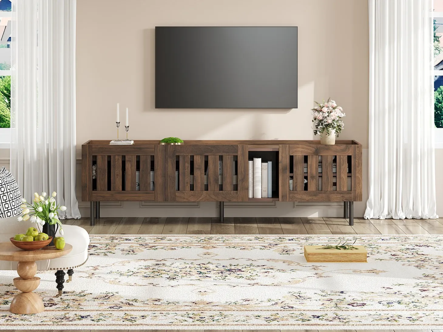 Mueble de TV minimalista de perfil bajo - 160 x 40 x 47 cm - con diseño calado + 3 puertas - para televisores de 65 pulgadas - MDF - marrón