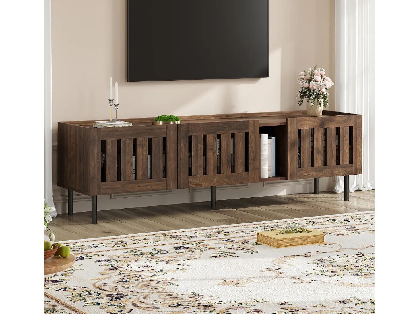 Mueble de TV minimalista de perfil bajo - 160 x 40 x 47 cm - con diseño calado + 3 puertas - para televisores de 65 pulgadas - MDF - marrón