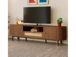Mueble de TV moderno - 175 x 36 x 51 cm - con cajones de ratán + estante abierto + 2 puertas - patas de metal - MDF - marrón