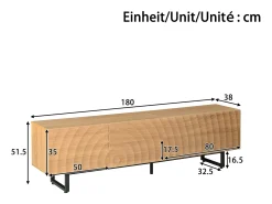 Mueble de TV moderno - 180 x 38 x 51,5 cm - con 2 puertas + 2 cajones - diseño único - textura 3D - aglomerado - natural
