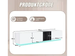Mueble de TV moderno - 190 x 40 x 35 cm - con 1 cajón + 2 puertas + compartimentos abiertos - madera - blanco