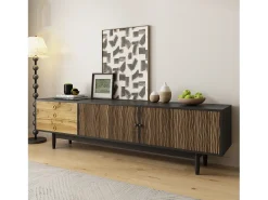 Mueble de TV moderno - 180 x 38 x 50 cm - con 2 puertas con estampado de ondas de agua + 3 cajones - MDF - negro