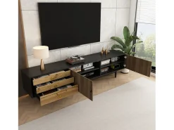 Mueble de TV moderno - 180 x 38 x 50 cm - con 2 puertas con estampado de ondas de agua + 3 cajones - MDF - negro