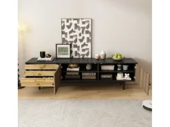 Mueble de TV moderno - 180 x 38 x 50 cm - con 2 puertas con estampado de ondas de agua + 3 cajones - MDF - negro