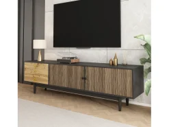 Mueble de TV moderno - 180 x 38 x 50 cm - con 2 puertas con estampado de ondas de agua + 3 cajones - MDF - negro