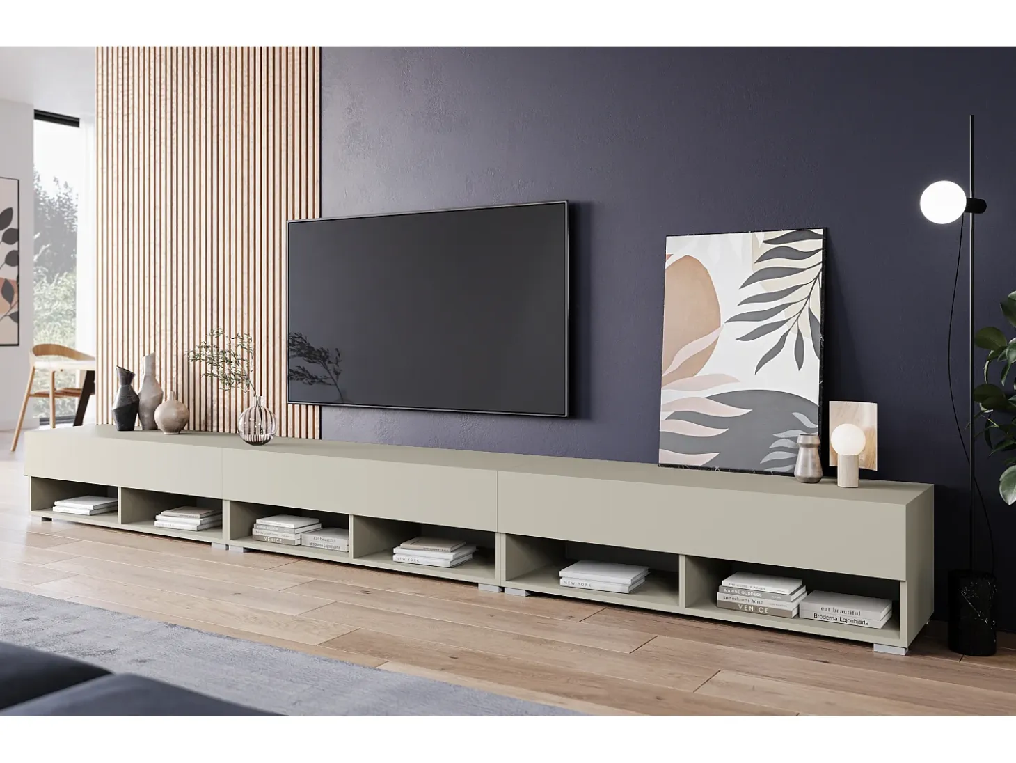 Mueble de TV moderno 300 cm – sin tiradores, color beige cachemira, mate, de pie o colgado