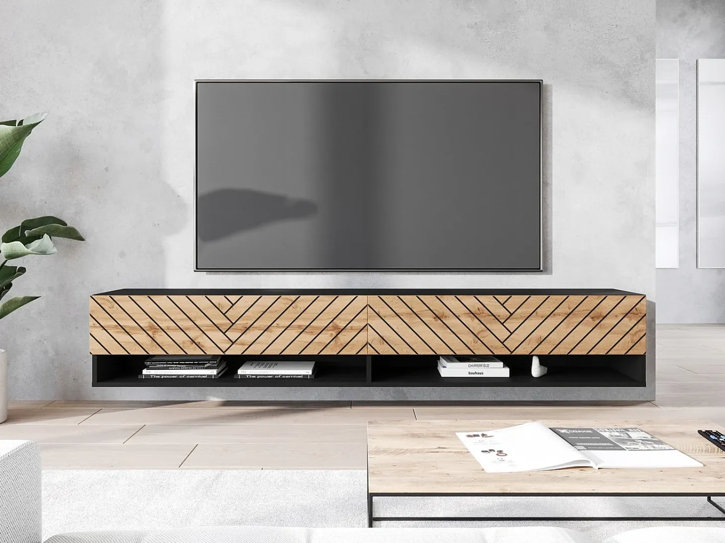Mueble de TV moderno 180 cm – cuerpo negro mate, frentes MDF roble wotan negro en espiga, sin tiradores, de pie o colgante