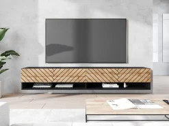 Mueble de TV moderno 180 cm – cuerpo negro mate, frentes MDF roble wotan negro en espiga, sin tiradores, de pie o colgante