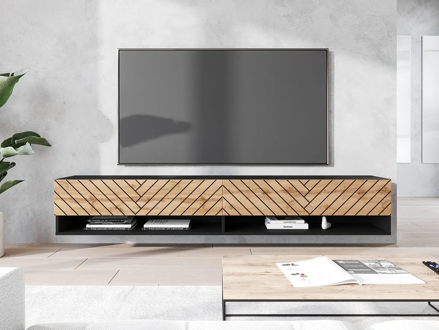 Mueble de TV moderno 180 cm – cuerpo negro mate, frentes MDF roble wotan negro en espiga, sin tiradores, de pie o colgante