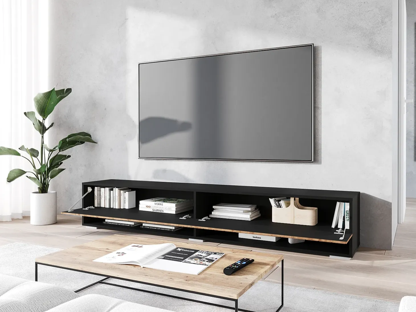 Mueble de TV moderno 180 cm – cuerpo negro mate, frentes MDF roble wotan negro en espiga, sin tiradores, de pie o colgante
