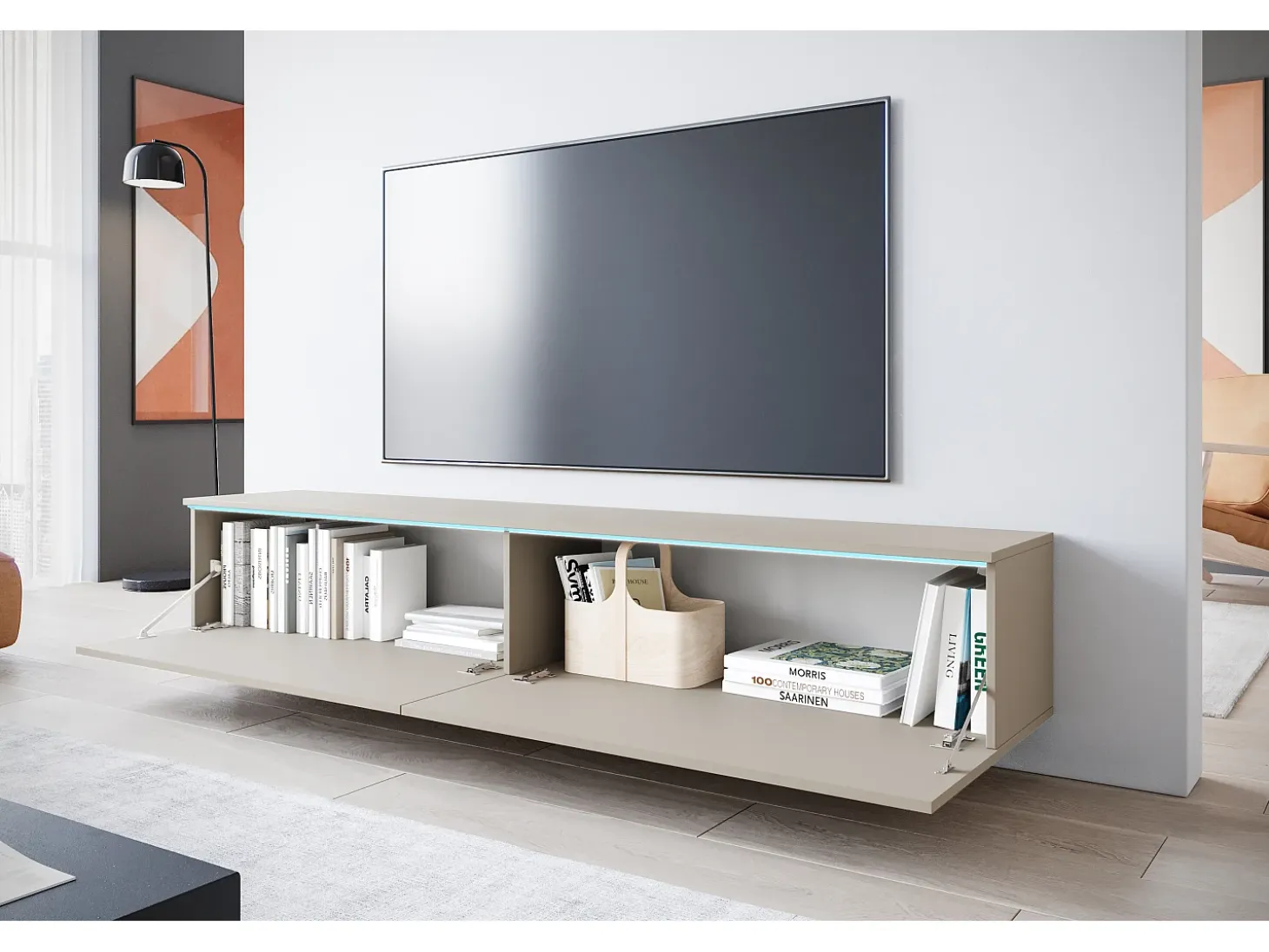 Mueble de TV moderno 180 cm para salón con LED – 2 puertas, sin tiradores, beige cachemir mate, de pie o suspendido