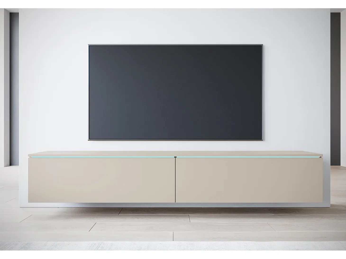 Mueble de TV moderno 180 cm para salón con LED – 2 puertas, sin tiradores, beige cachemir mate, de pie o suspendido