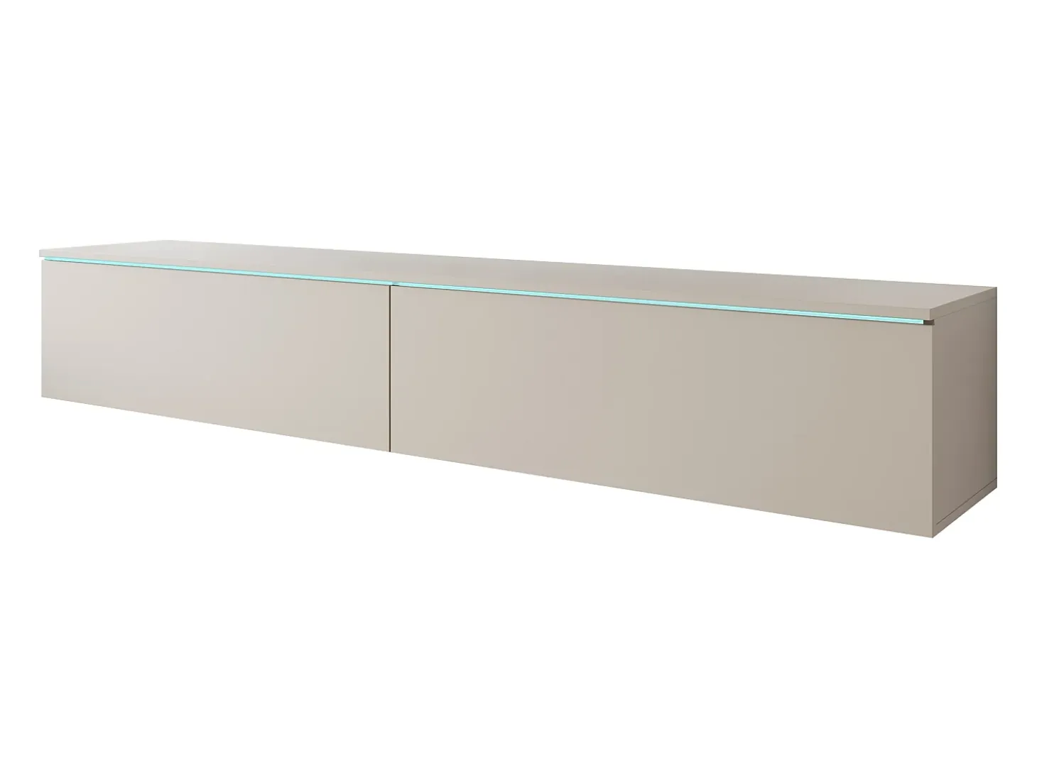 Mueble de TV moderno 180 cm para salón con LED – 2 puertas, sin tiradores, beige cachemir mate, de pie o suspendido