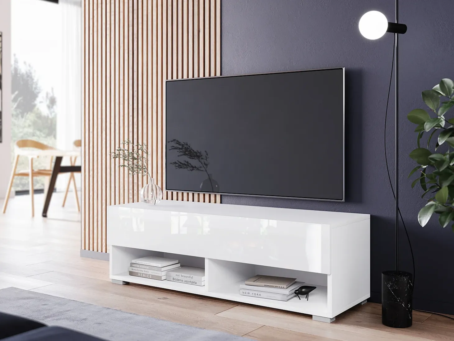 Mueble de TV moderno 100 cm – sin tiradores, cuerpo blanco mate, frentes blanco brillo, de pie o colgante
