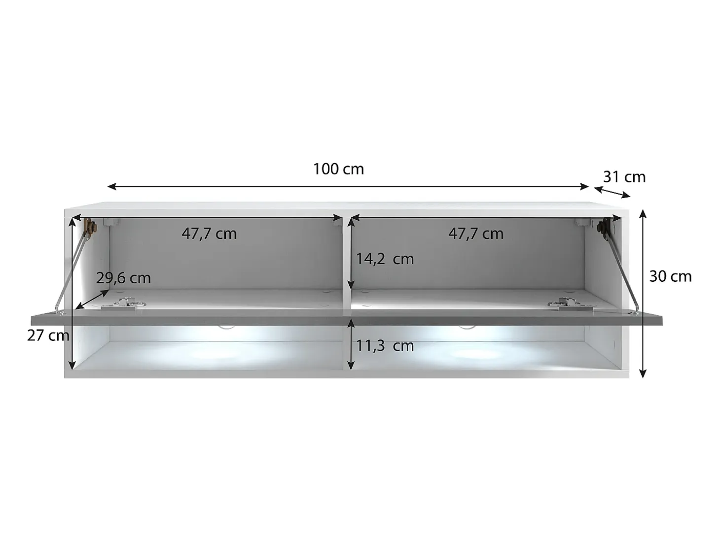 Mueble de TV moderno 100 cm – sin tiradores, cuerpo blanco mate, frentes blanco brillo, de pie o colgante