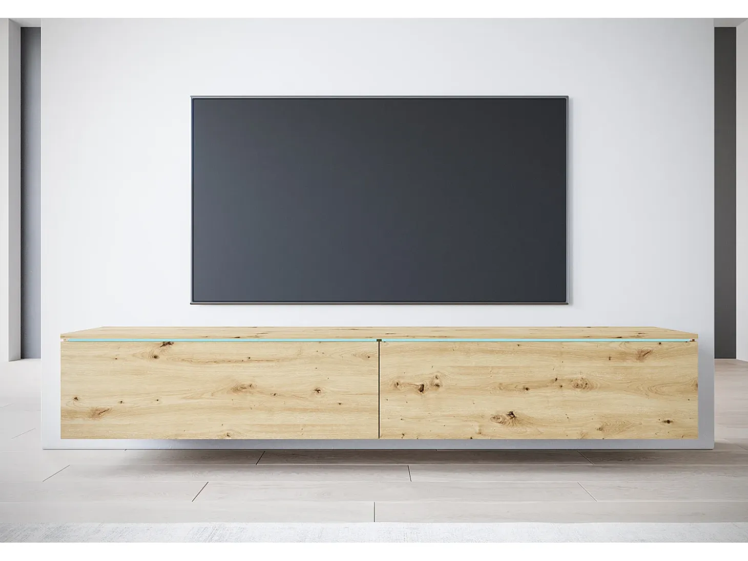 Mueble de TV moderno 180 cm para salón con LED – 2 puertas, sin tiradores, roble artisan, de pie o suspendido