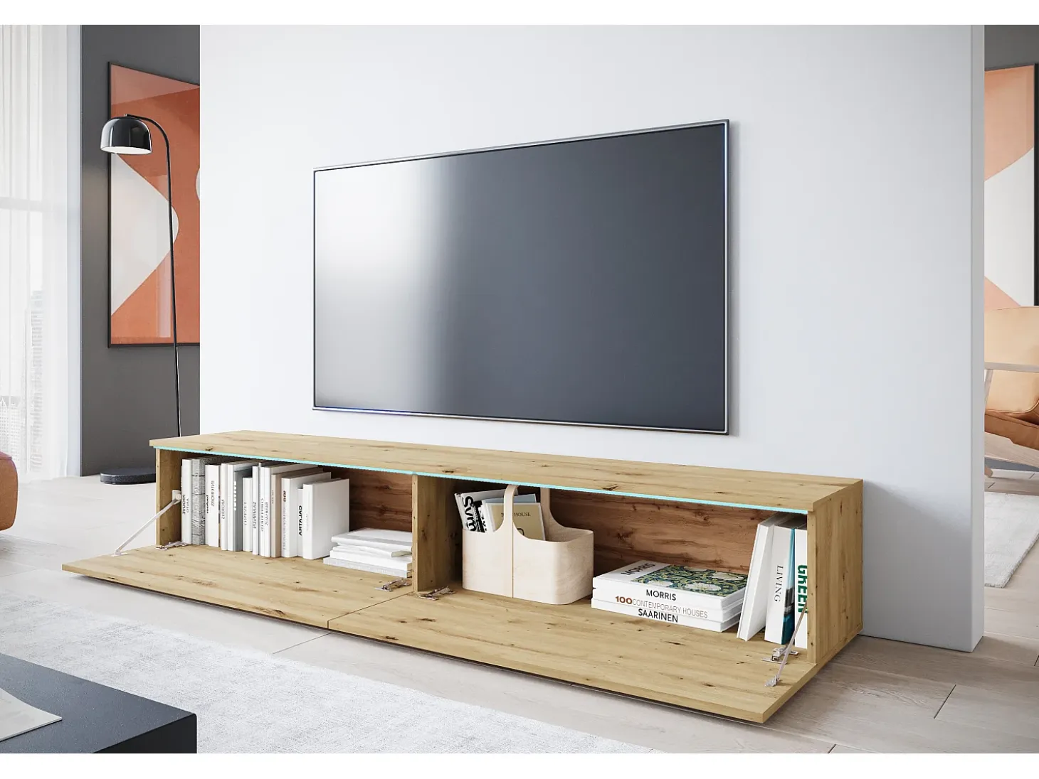 Mueble de TV moderno 180 cm para salón con LED – 2 puertas, sin tiradores, roble artisan, de pie o suspendido
