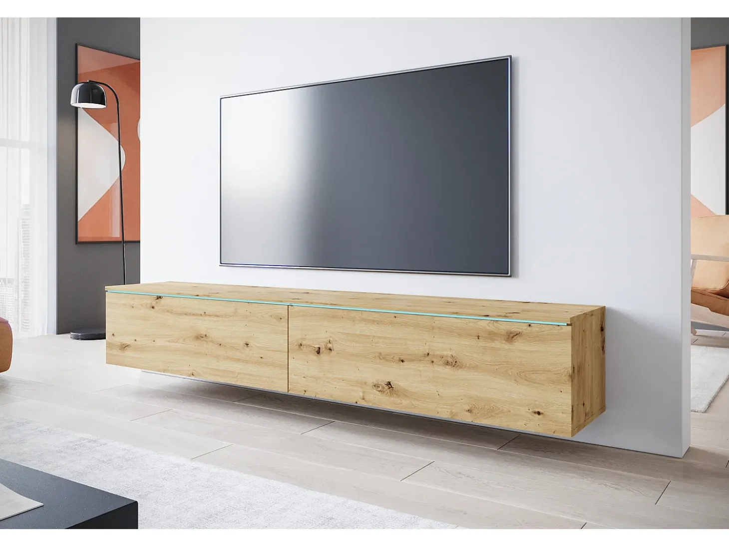 Mueble de TV moderno 180 cm para salón con LED – 2 puertas, sin tiradores, roble artisan, de pie o suspendido