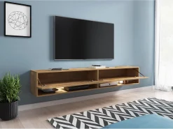 Mueble de TV moderno 180 cm – sin tiradores, color roble Wotan, mate, de pie o colgado