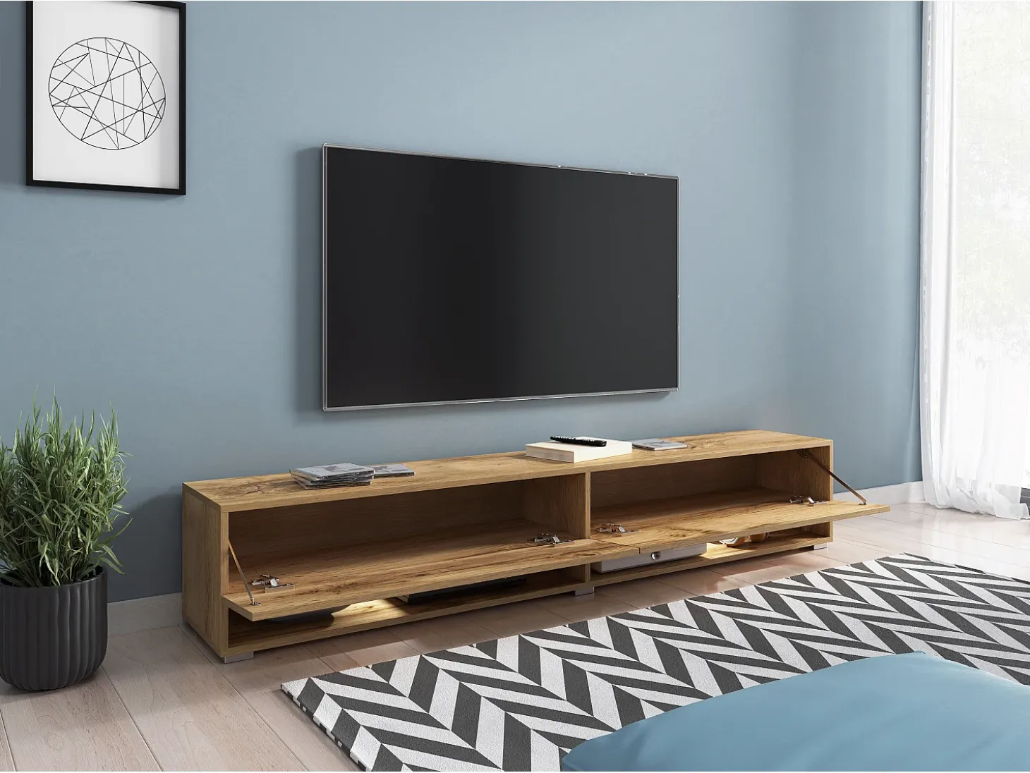 Mueble de TV moderno 180 cm – sin tiradores, color roble Wotan, mate, de pie o colgado