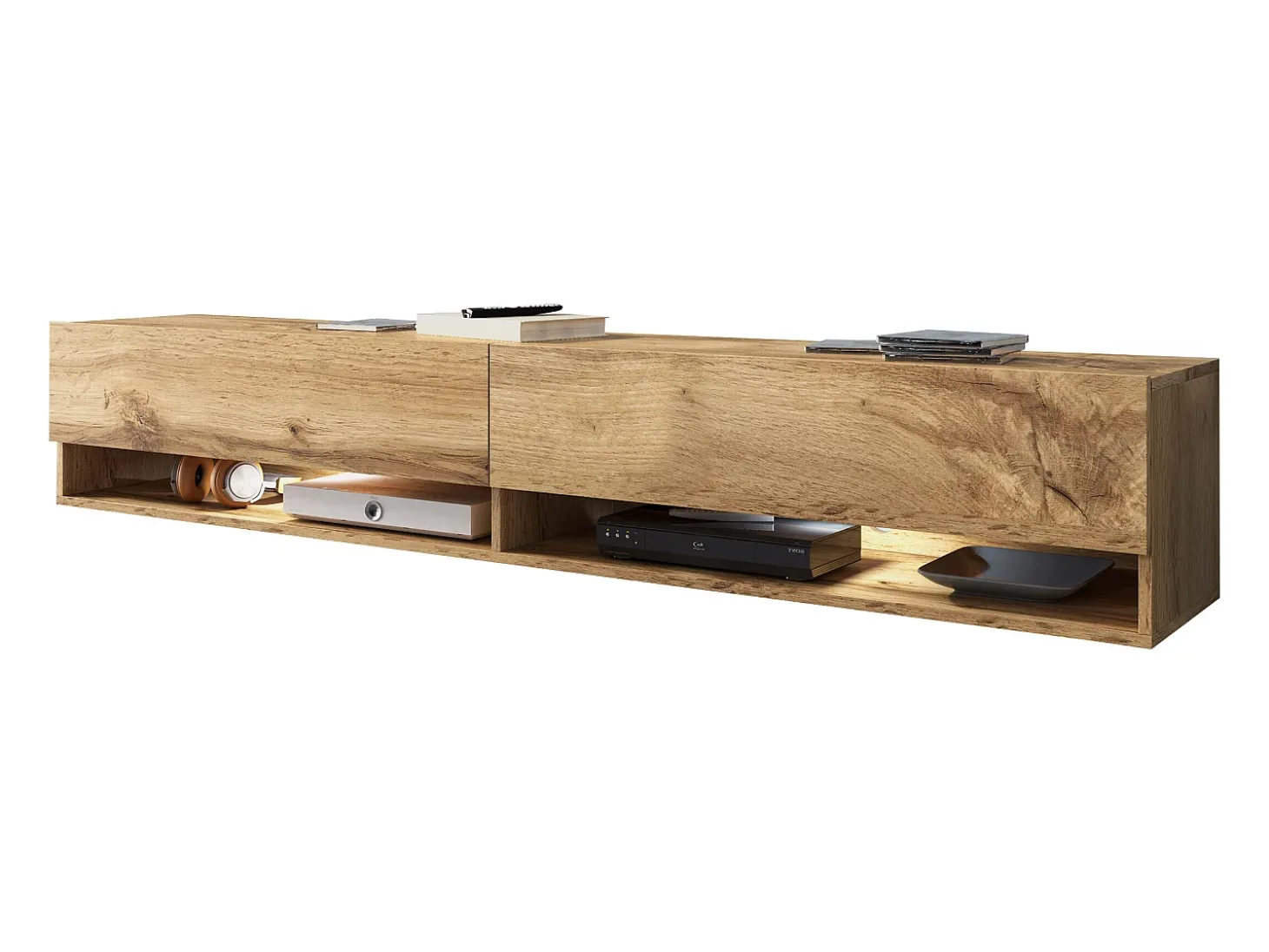 Mueble de TV moderno 180 cm – sin tiradores, color roble Wotan, mate, de pie o colgado