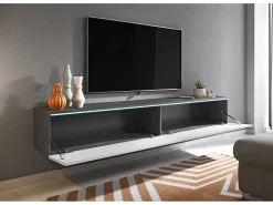 Mueble de TV moderno 180 cm para salón – 2 puertas, sin tiradores, mate + brillo, para colocar o colgar, matera / blanco brillo