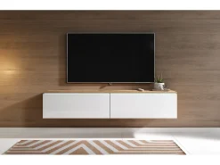 Mueble de TV moderno 140 cm para salón – 2 puertas sin tiradores, cuerpo roble wotan mate / frentes blanco brillo, de pie o colgante