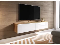 Mueble de TV moderno 140 cm para salón – 2 puertas sin tiradores, cuerpo roble wotan mate / frentes blanco brillo, de pie o colgante