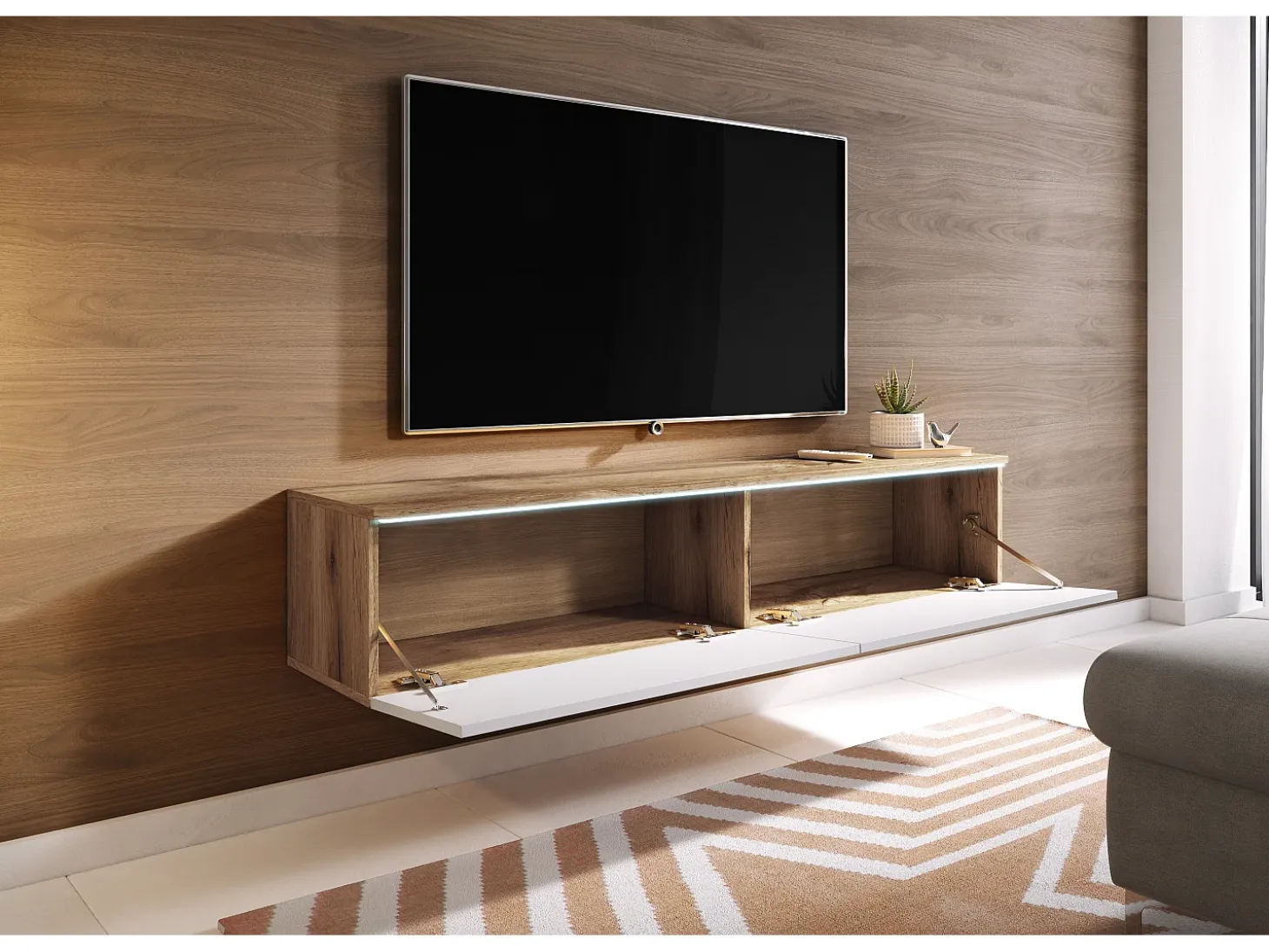 Mueble de TV moderno 140 cm para salón – 2 puertas sin tiradores, cuerpo roble wotan mate / frentes blanco brillo, de pie o colgante