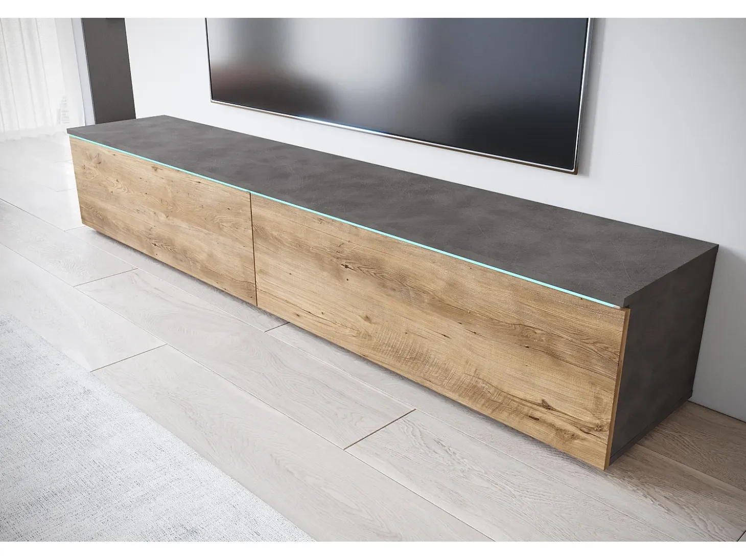 Mueble de TV moderno 180 cm para salón – 2 puertas, sin tiradores, acabado mate, para colocar o colgar, matera / castaño breslau