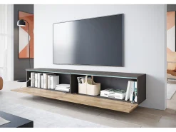 Mueble de TV moderno 180 cm para salón – 2 puertas, sin tiradores, acabado mate, para colocar o colgar, matera / castaño breslau