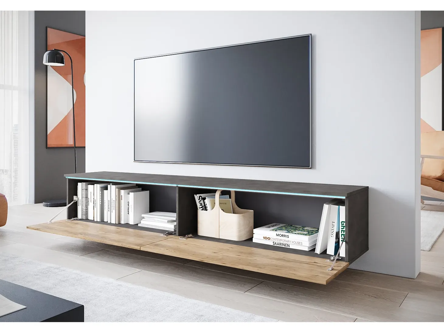 Mueble de TV moderno 180 cm para salón – 2 puertas, sin tiradores, acabado mate, para colocar o colgar, matera / castaño breslau