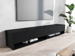 Mueble de TV moderno 180 cm – cuerpo mate, frentes MDF en espiga, sin tiradores, de pie o colgante, color grafito negro mate