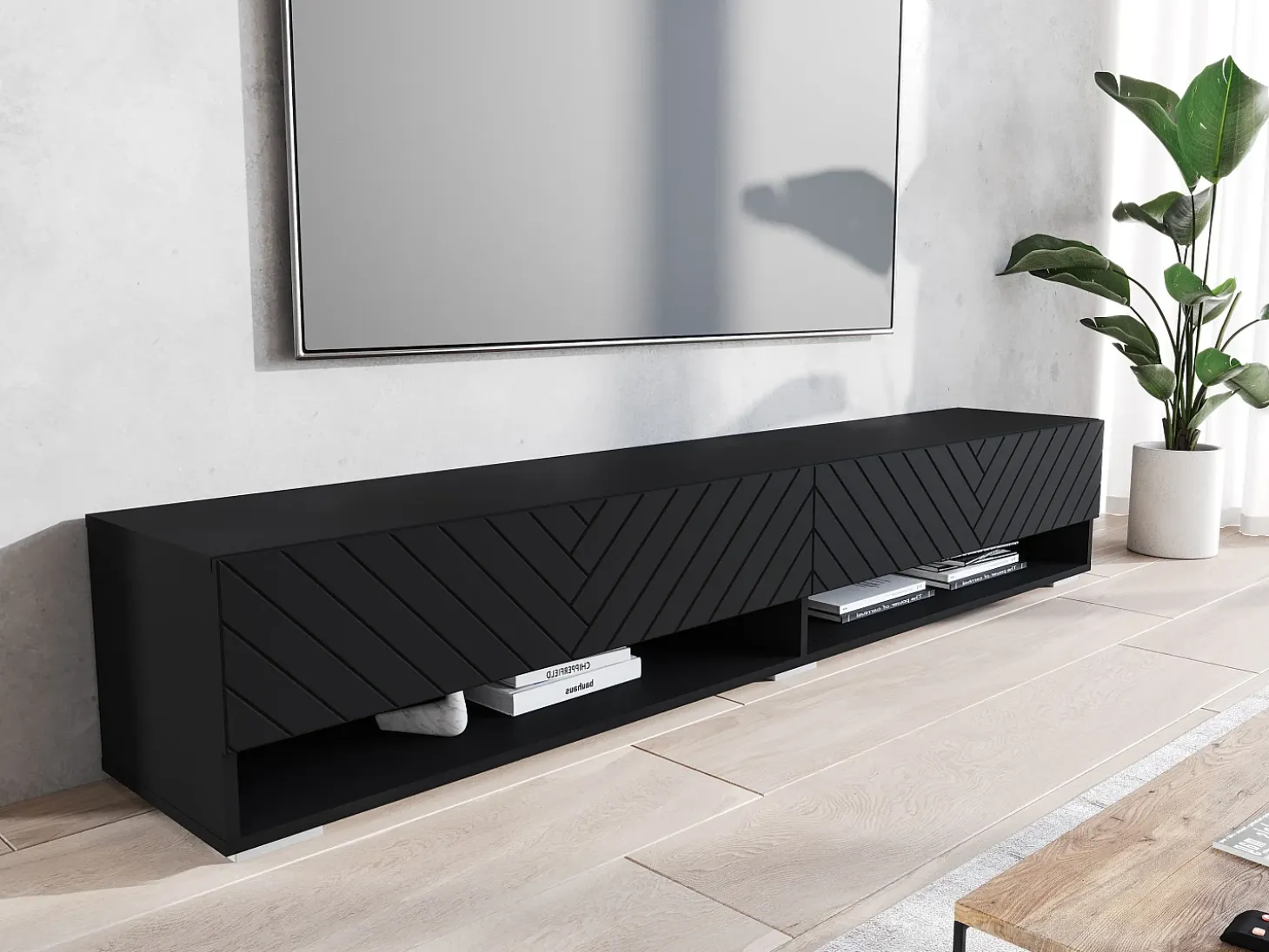 Mueble de TV moderno 180 cm – cuerpo mate, frentes MDF en espiga, sin tiradores, de pie o colgante, color grafito negro mate