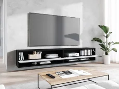 Mueble de TV moderno 180 cm – cuerpo mate, frentes MDF en espiga, sin tiradores, de pie o colgante, color grafito negro mate