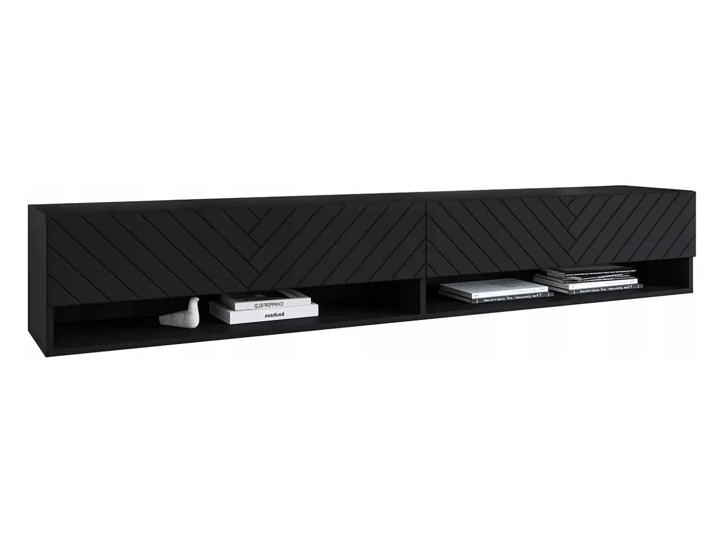 Mueble de TV moderno 180 cm – cuerpo mate, frentes MDF en espiga, sin tiradores, de pie o colgante, color grafito negro mate