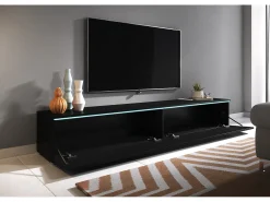 Mueble de TV moderno 180 cm para salón – 2 puertas, sin tiradores, acabado mate, para colocar o colgar, grafito negro