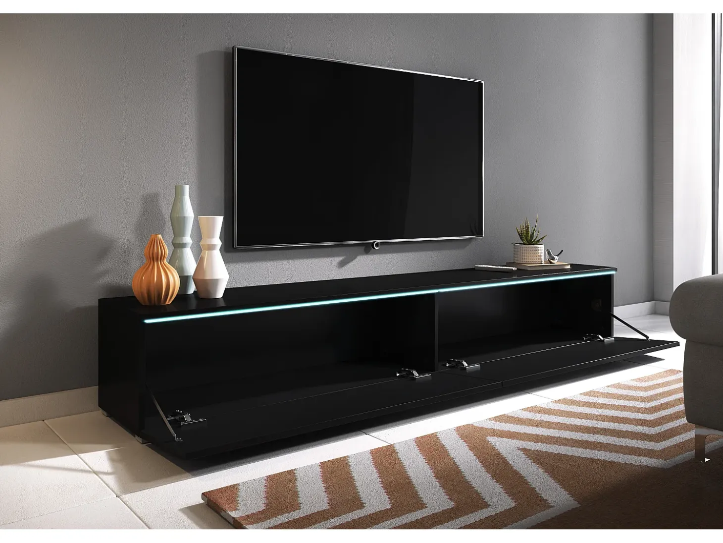 Mueble de TV moderno 180 cm para salón – 2 puertas, sin tiradores, acabado mate, para colocar o colgar, grafito negro