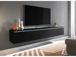 Mueble de TV moderno 180 cm para salón – 2 puertas, sin tiradores, acabado mate, para colocar o colgar, grafito negro